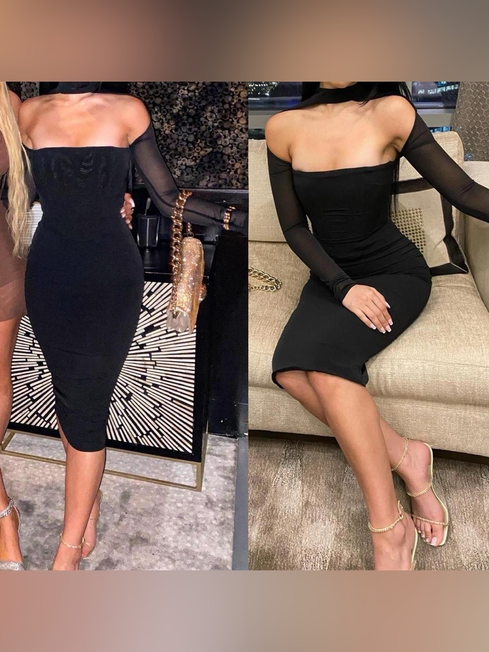 House of CB Black Off-Shoulder Mesh Sleeve Midi Dress